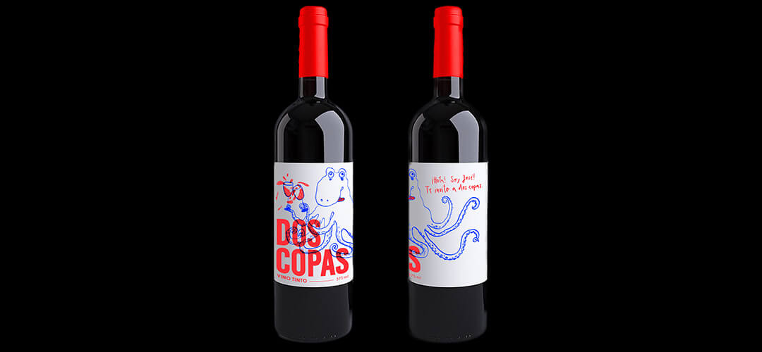 »Dos Coppas« – Illustration auf Weinflaschen-Etikett, Marcato Design, Denken & Handeln, Fine Heininger,